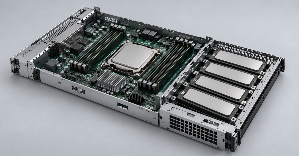Open server chassis with a processor and four SSDs