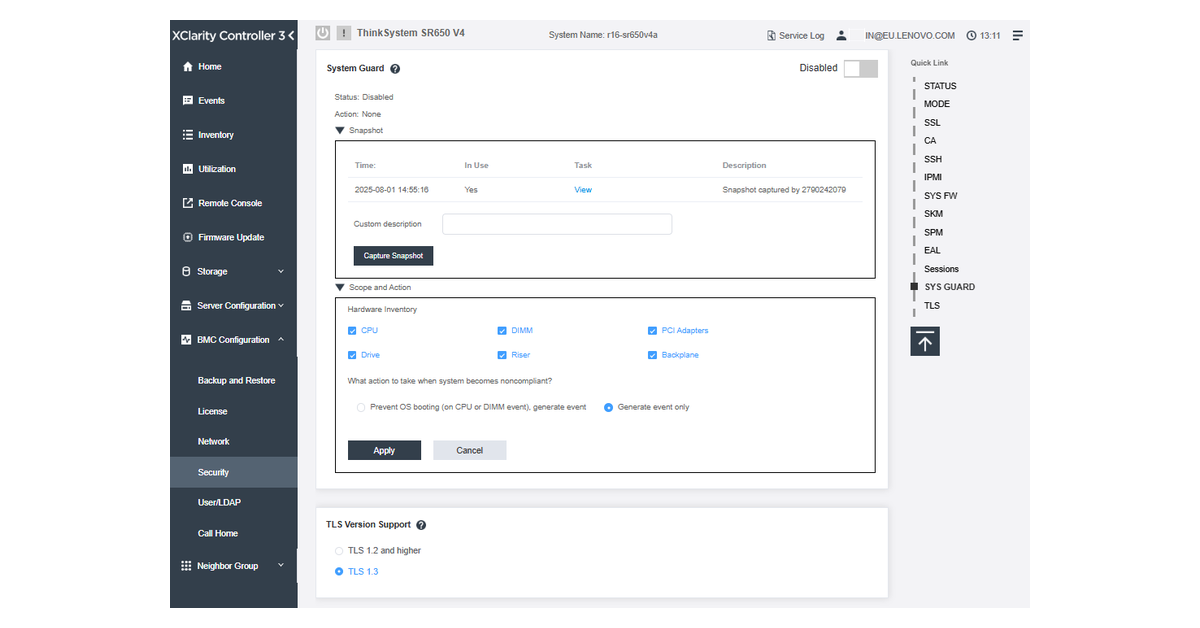 System Guard settings in Lenovo XClarity Controller 3