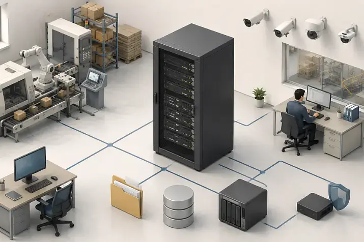 Server infrastructure for small businesses: ERP, files, backups, video surveillance, and edge