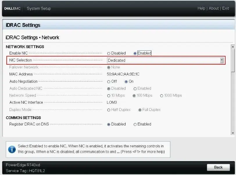 System Setup > iDRAC Settings > Network > Network Settings